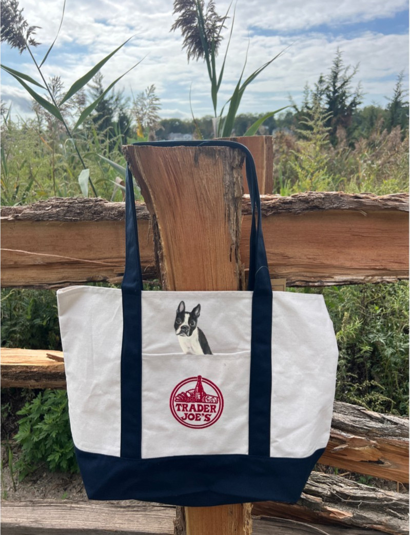 TRADER JOES LARGE CANVAS TOTE BAG HAND PAINTED DOG PET PORTRAIT FROM PHOTO