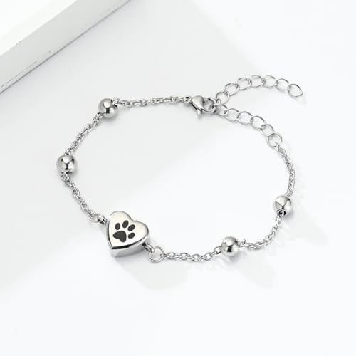 Pet Paw Urn Bracelet for Ashes – Adjustable Heart Cremation Jewelry for Dogs & C