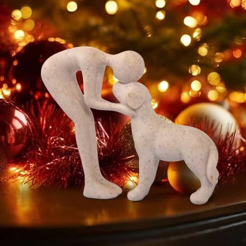 Abstract Resin Hand-Painted Sculpture of Person and Dog Bonding – Sandstone