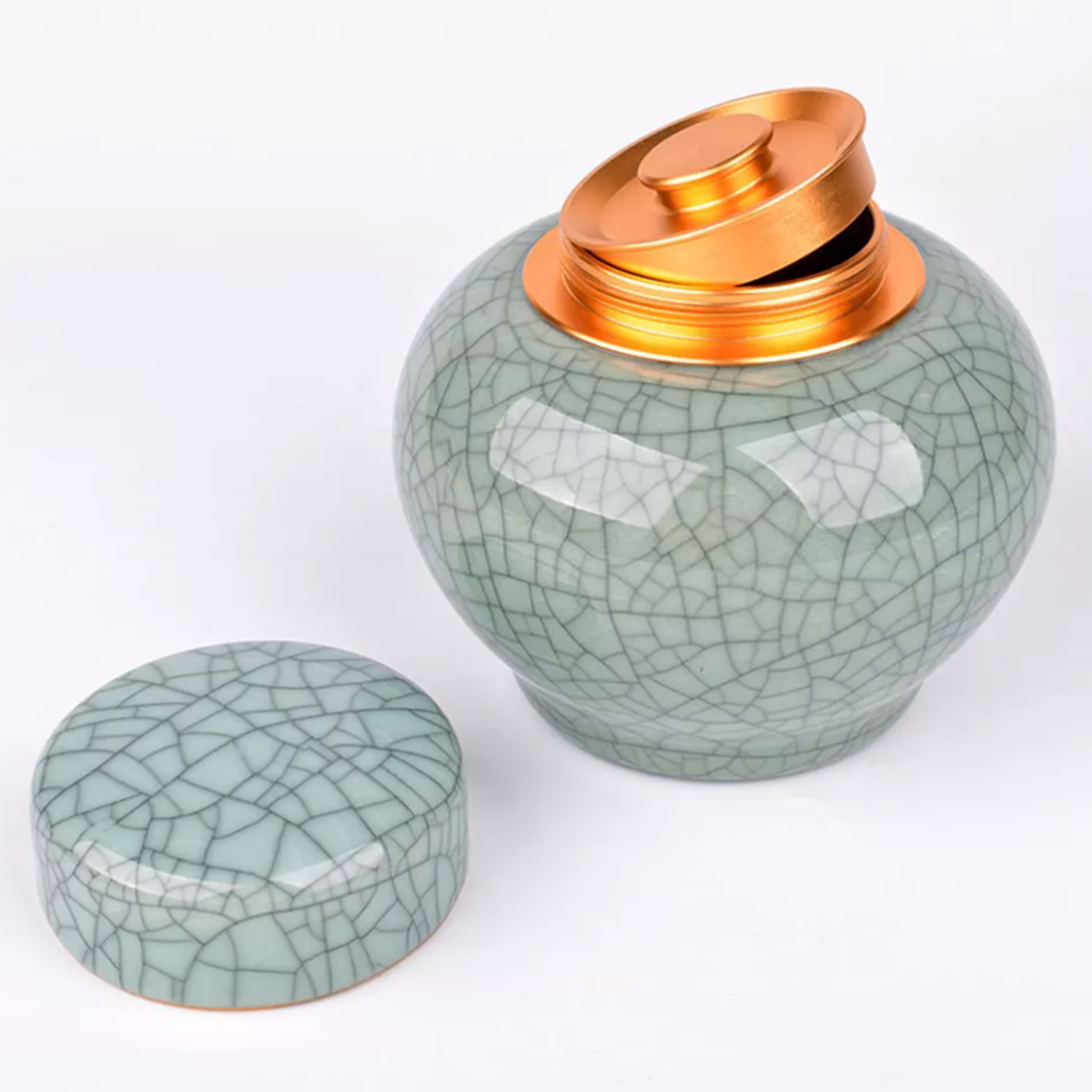 Ceramic Memorial Cremation Urn with Metal Lids for Human or Pet Ashes (Green)