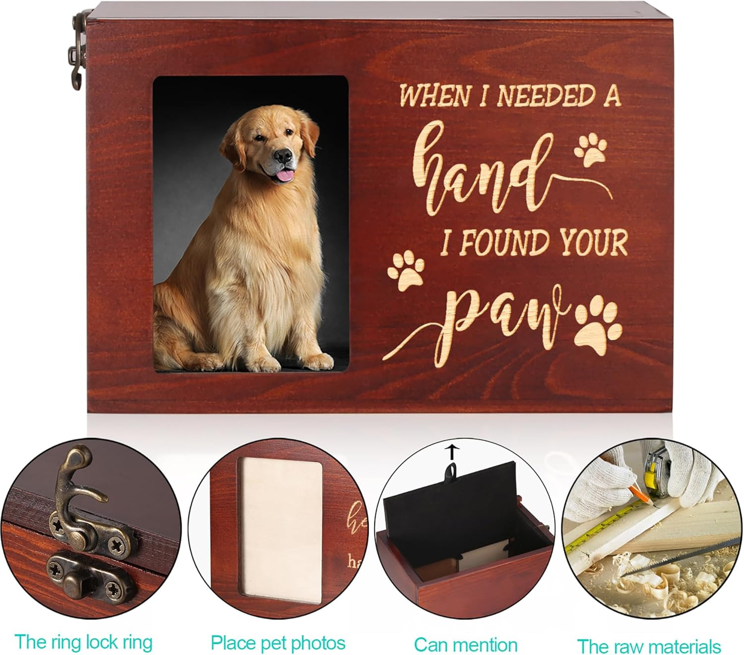 Wooden Pet Memorial Urn for Dog or Cat Ashes with Photo Frame Keepsake Box