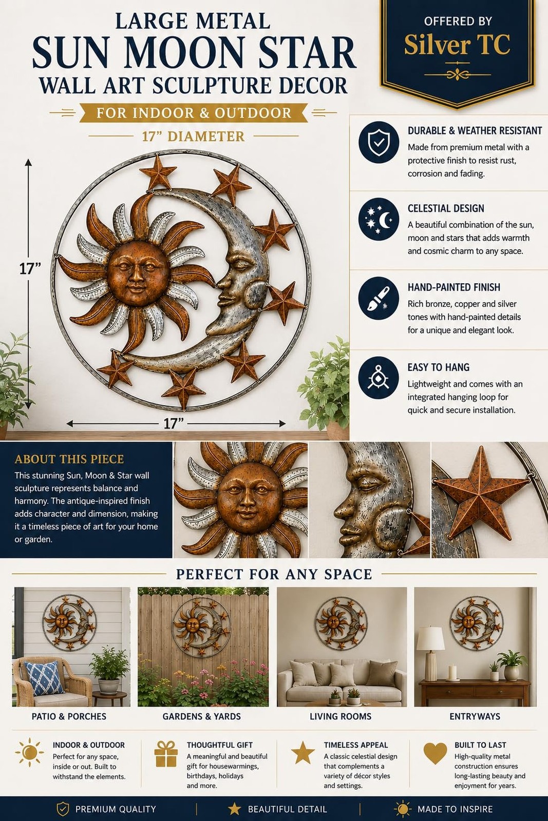 Large Metal Sun Moon Star Wall Art Sculpture Decor for Indoor Outdoor (17″ Di…