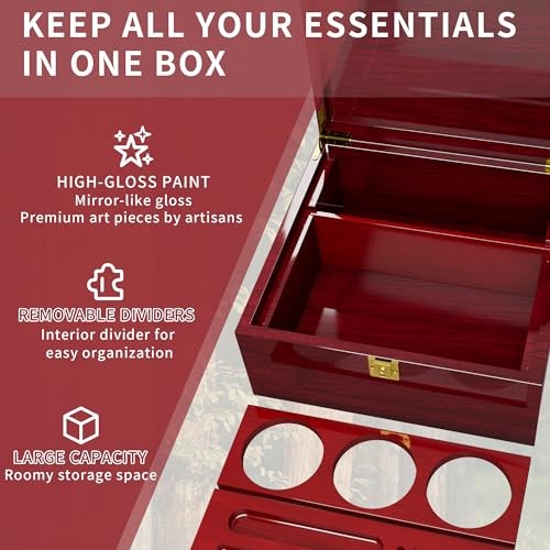 Large Wooden Box Decorative Storage Box with Lock & Accessories – Burgundy