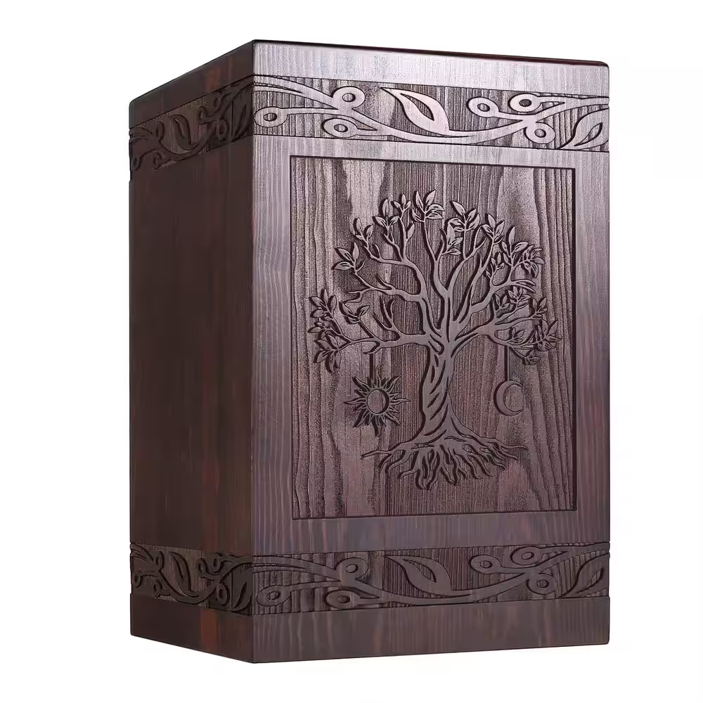 6.3 In. W X 9.5 In. H Wooden Tree of Life Urns Box and Casket, Burial Funeral Me