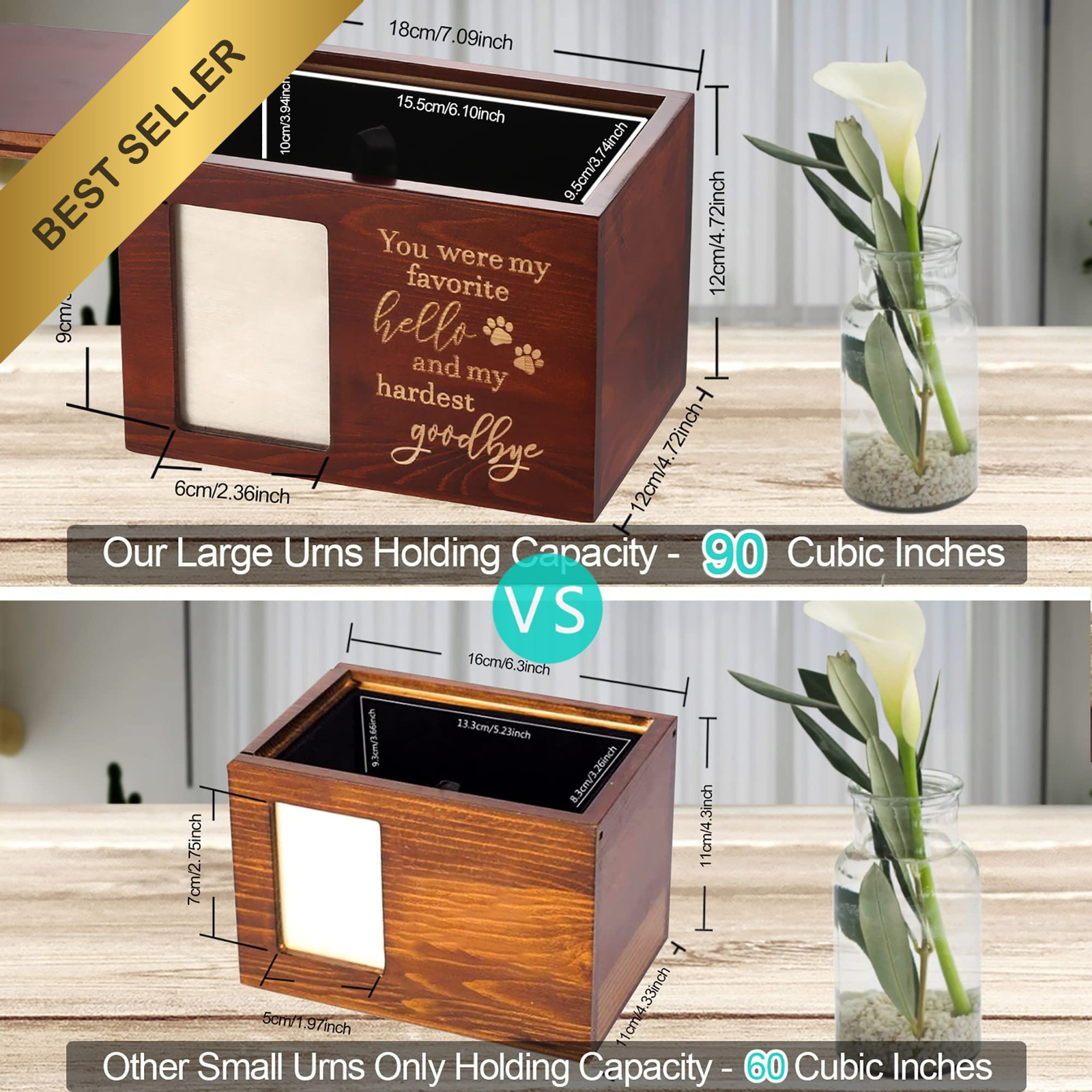 Pet Memorial Urn Dog Cat Ashes Wooden Urn Photo Frame Keepsake Box Large Black
