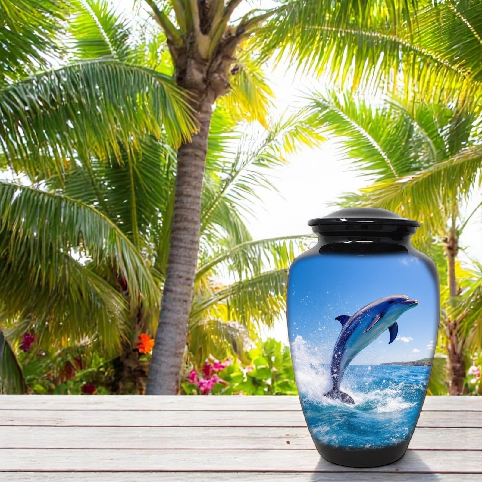 Large Adult Urn for Human Ashes Blue Dolphin Cremation Urn with Velvet Bag
