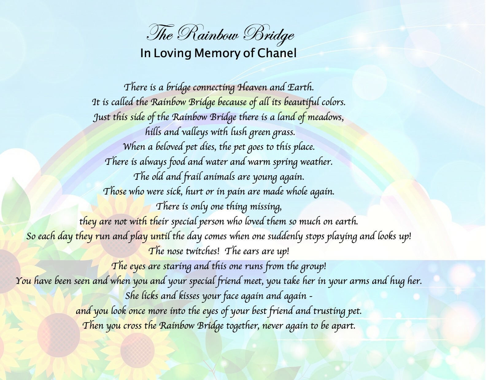 Pet Memorial Poem RAINBOW BRIDGE Personalized UNFRAMED Art Print Dog, Cat