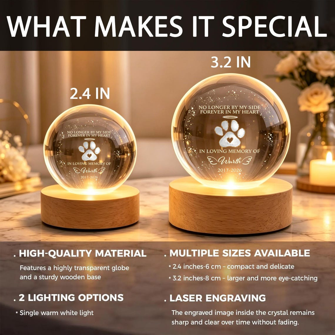 Custom Pet Memorial Crystal Ball Light Dog Photo Engraved Night Lamp Gift