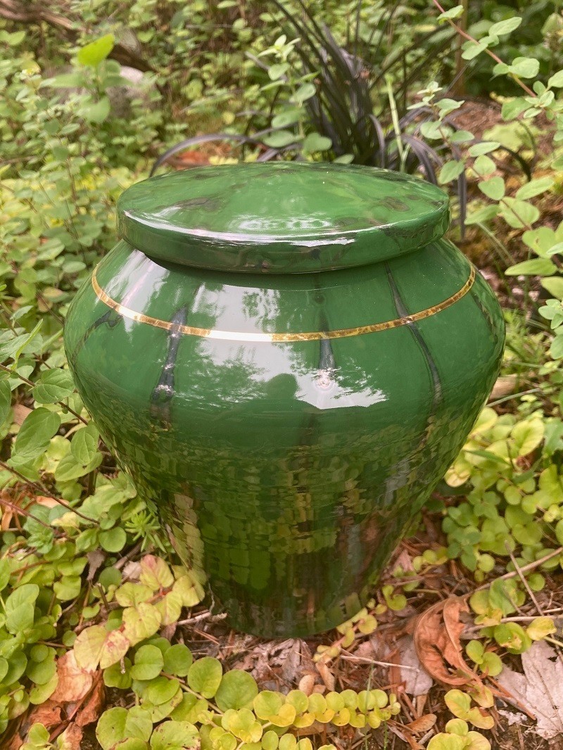 Handmade Ceramic Cremation Urn Keepsake Vessel in Dark Green with Silver 150 ci