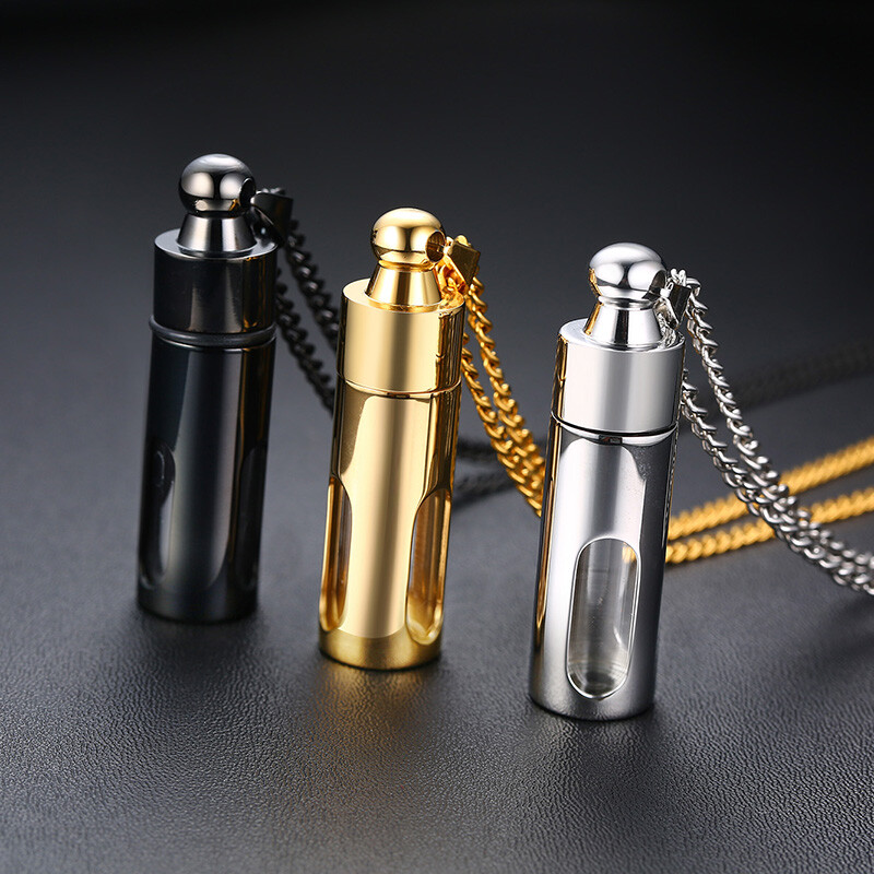 24″ Hourglass Cylinder Pendant Men Necklace Ash Urn Cremation Memorial Container
