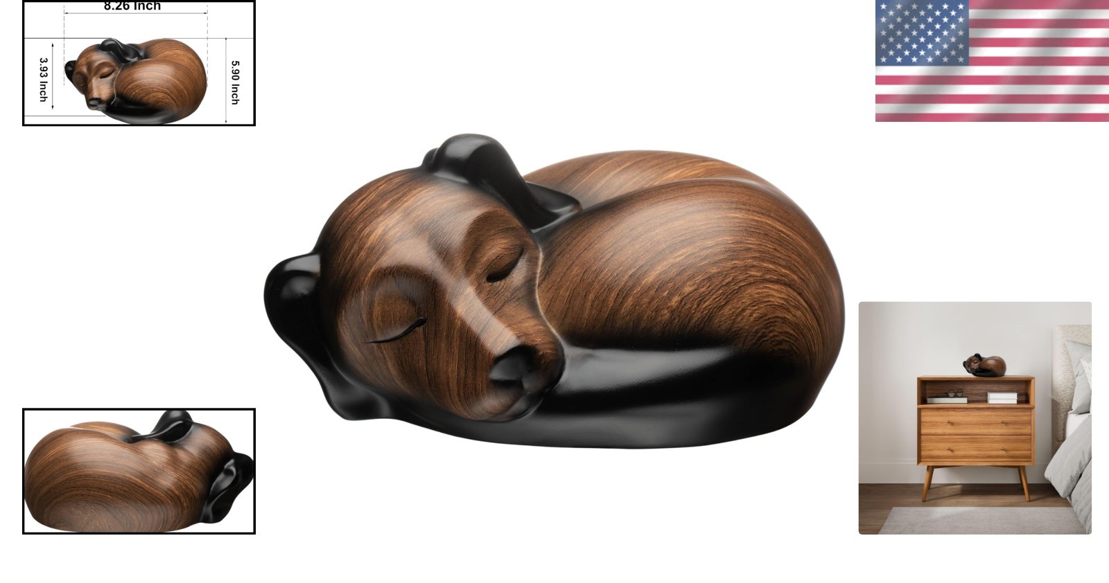 Elegant Dog Urn Sleeping Resin Black Walnut Lacquered Secure Bottom Opening