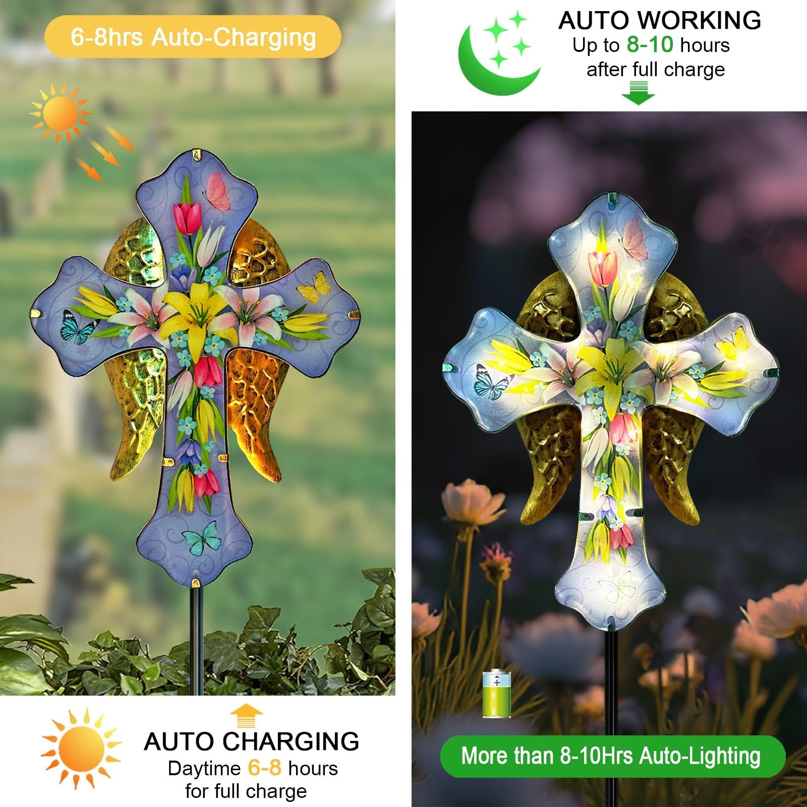 Solar Cross Garden Stakes for Graves,Lily Cemetery Decorations Yard Patio Dec…