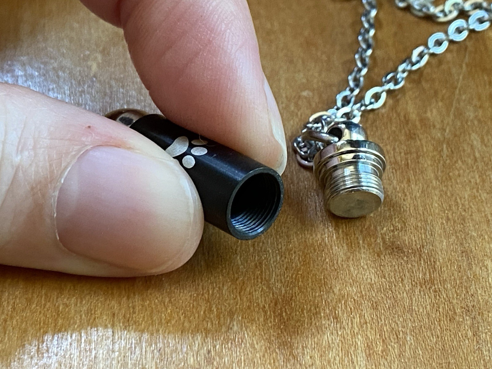 Mens Bullet Cremation Necklace Pendant Urn 4 Ashes SMALL VIAL Pet Paw Print Dog