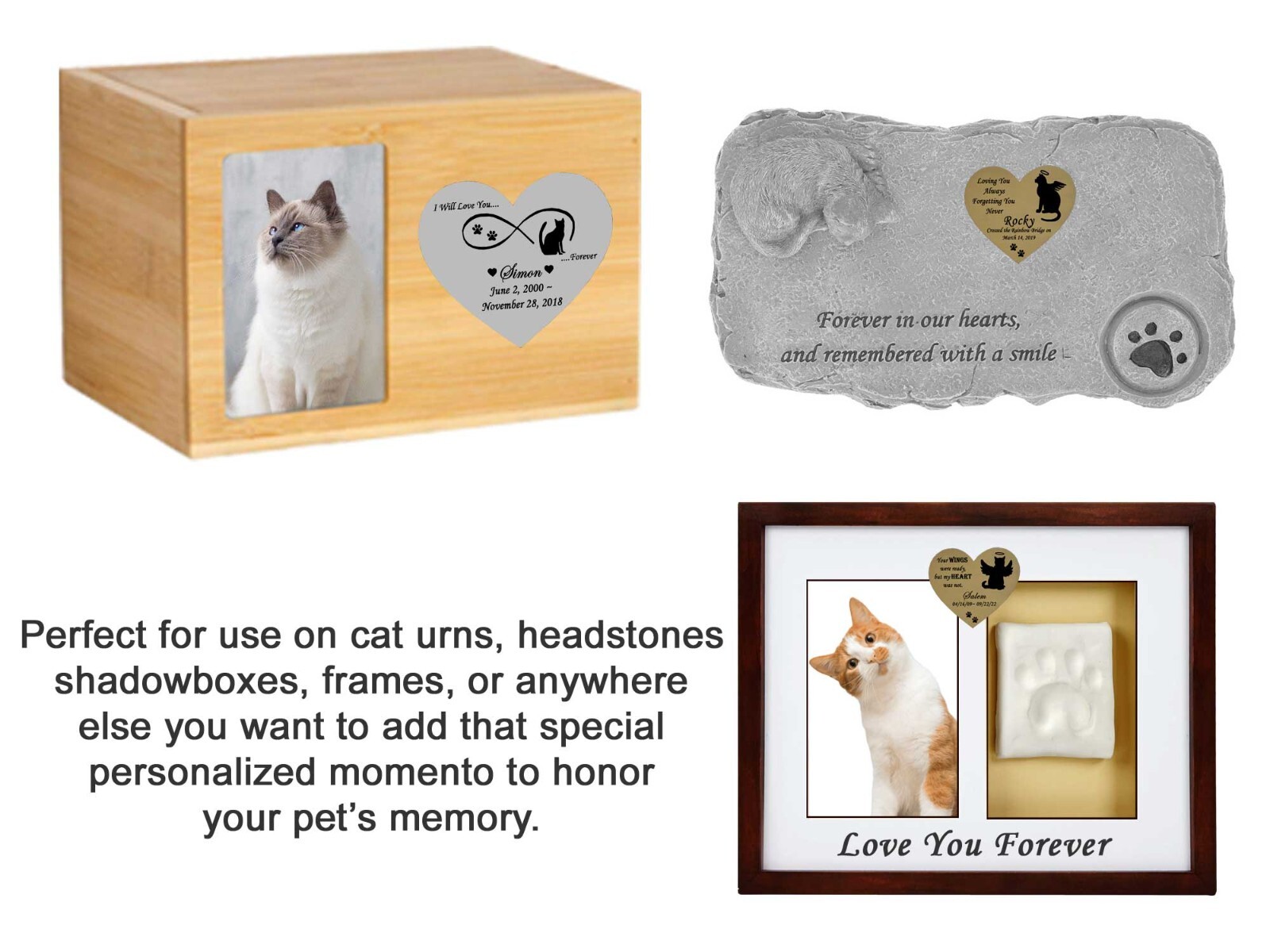 Cat Memorial Engraved Heart Shape Plates Pet Loss – Gold or Silver – 2 Sizes
