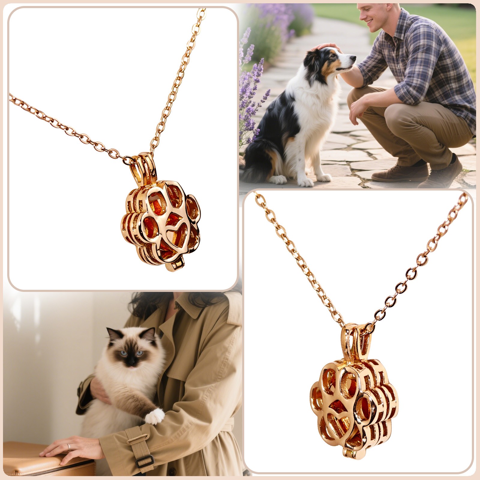 Paw Shaped Pet Ashes Commemorative Necklace For Dog&Cat With Box(Rose gold)