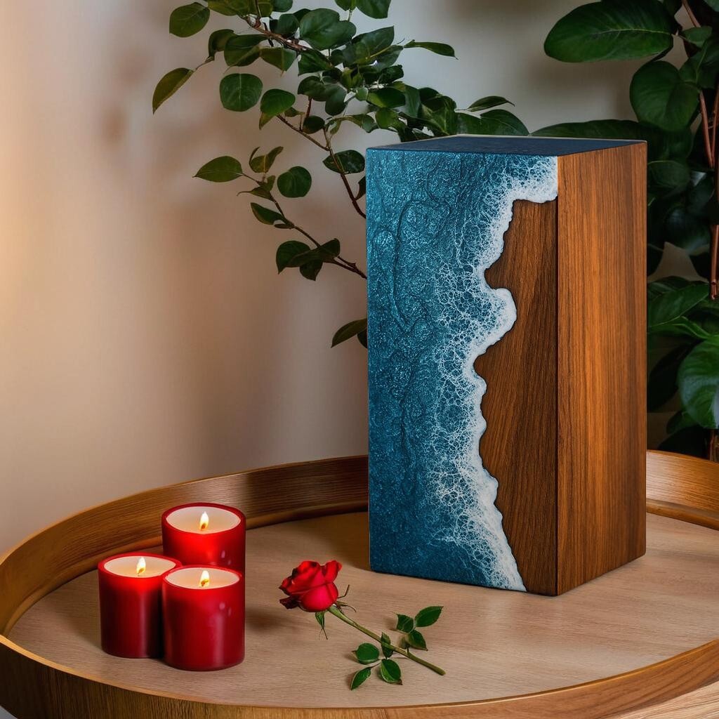 Handcrafted Wooden Ocean Wave Urn for Adult Human Ashes – Memorial Funeral Box