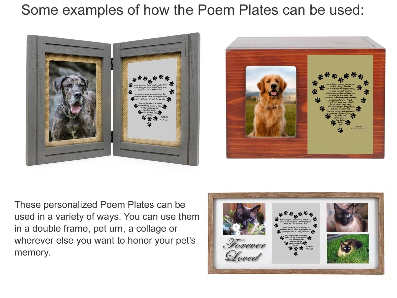 Custom Engraved Pet Name Plate, Pet Loss Poem Plate, Multiple Choices, Dog, Cat