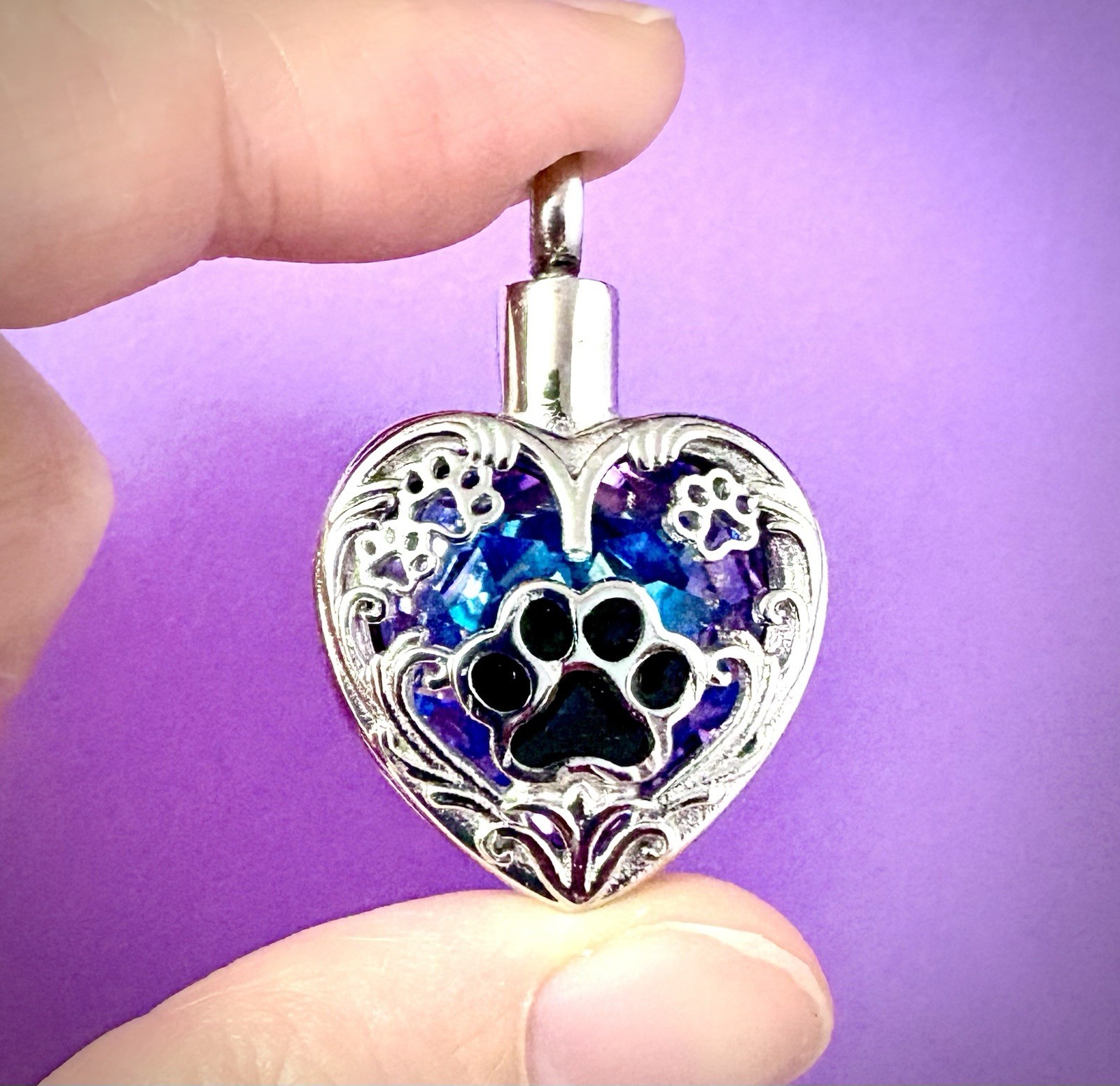Purple Pet Cremation Necklace Holds Ashes Urn Pendant Jewelry Gift Paw Print Dog