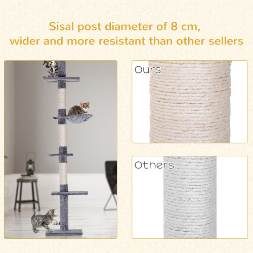 9 Foot Adjustable Height Floor To Ceiling Vertical Cat Tree – Grey And White
