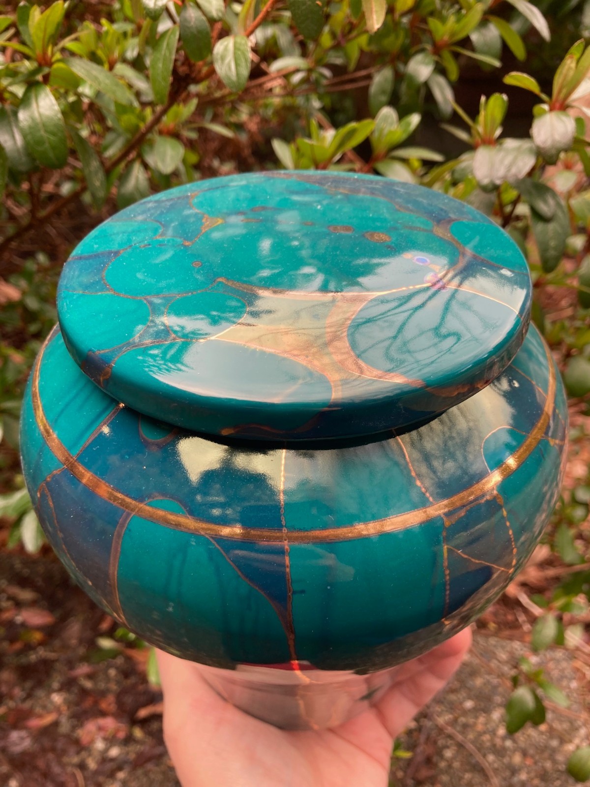 Handmade Ceramic Cremation Urn, Keepsake Vessel in Teal w/Gold, 150 cubic inch