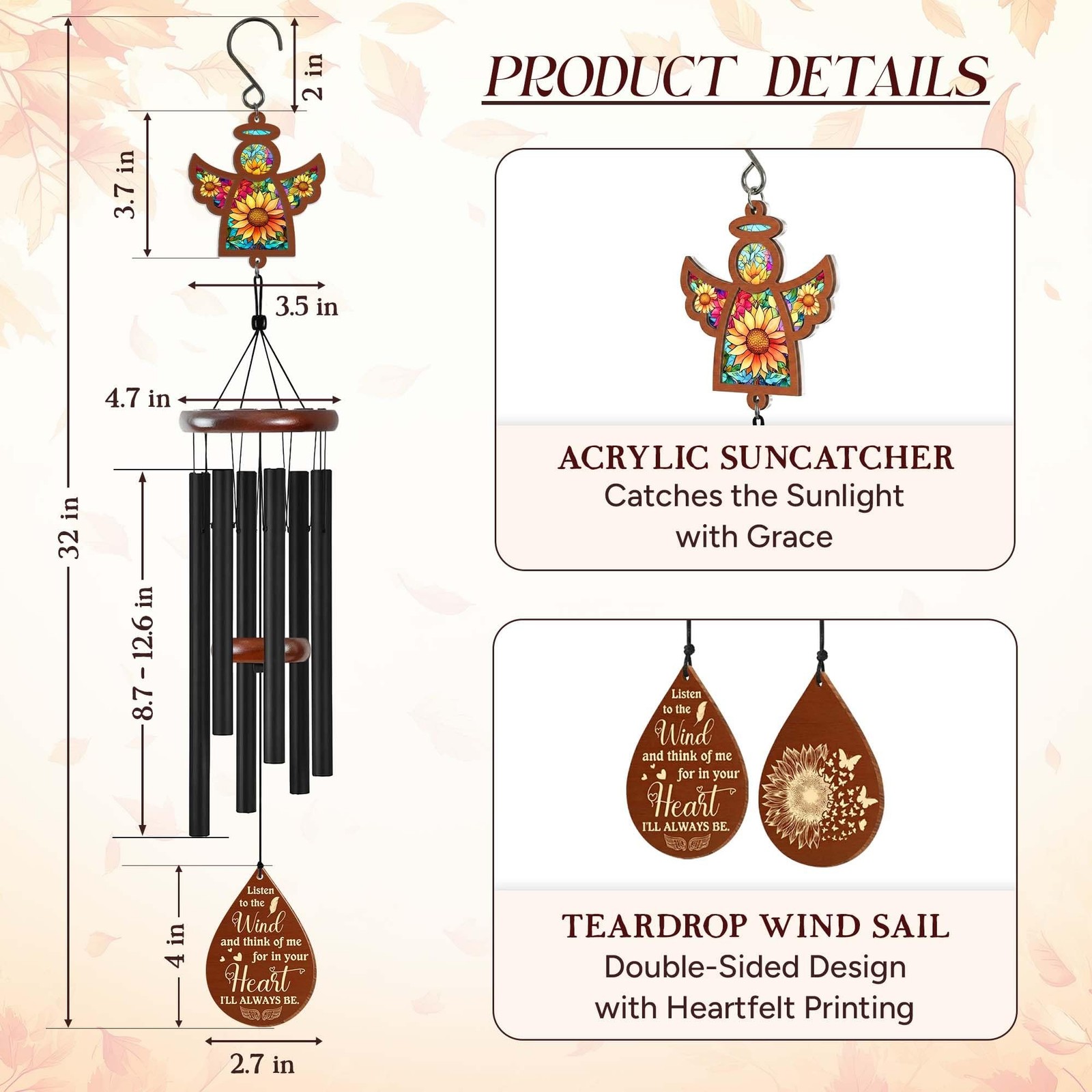 FLAGWIX Sympathy Gifts for Loss of Loved One – Memorial Angel Wind Chimes 32″…