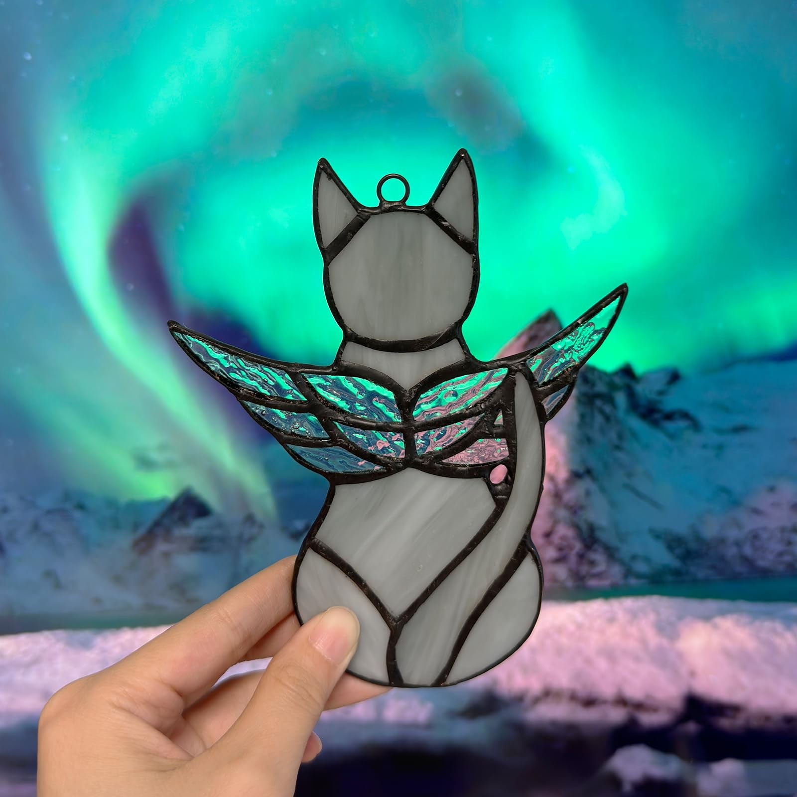 FLUFFYCAPTAIN Stained Glass Grey Angel Cat Suncatcher Pet Memorial Handcrafted