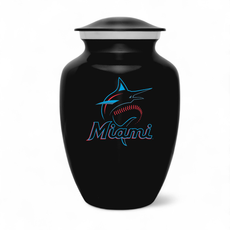 Miami Marlins Baseball Style Cremation Urn Adult Ashes Black Metal 8 In Urns