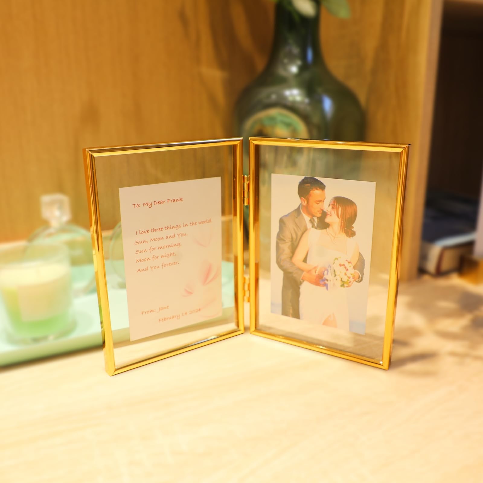 Folding Double Frame, Gold Floating Picture Frame with Hinge, For 5″×7″ 4″&