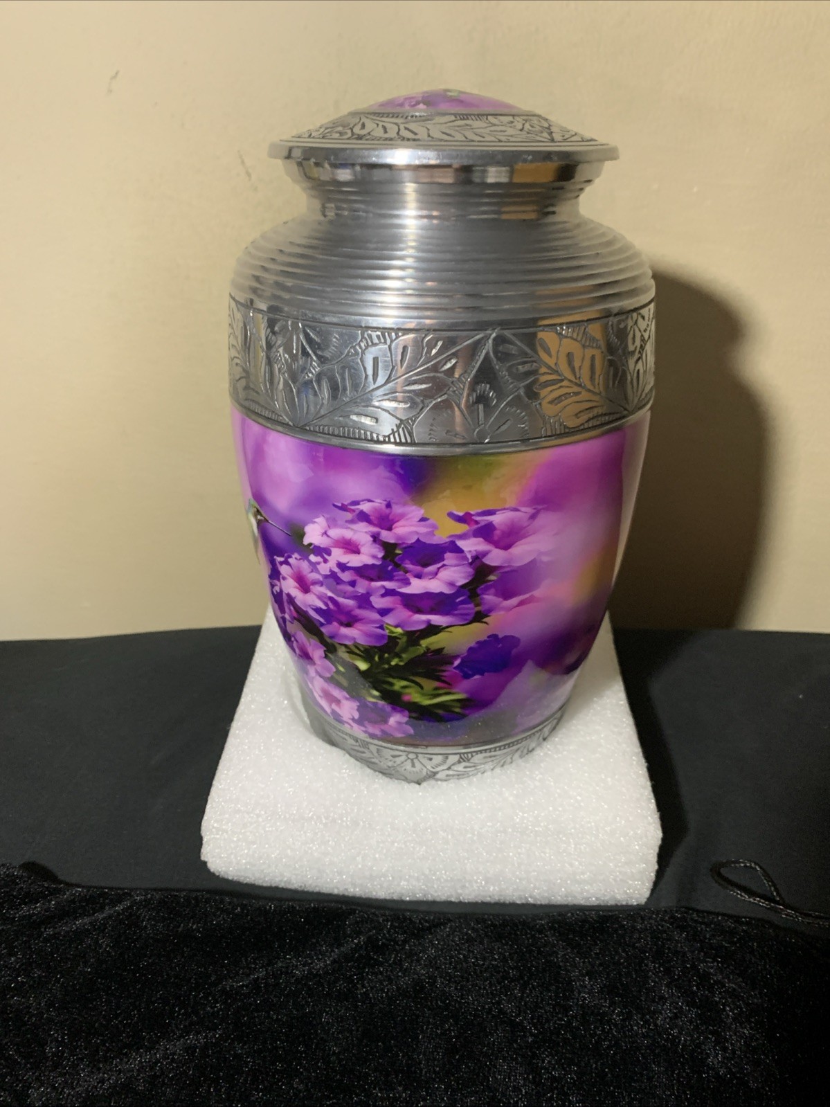 Adult Cremation Urn – Hummingbird Sunrise Serenade Purple & Silver Urn for Ashes