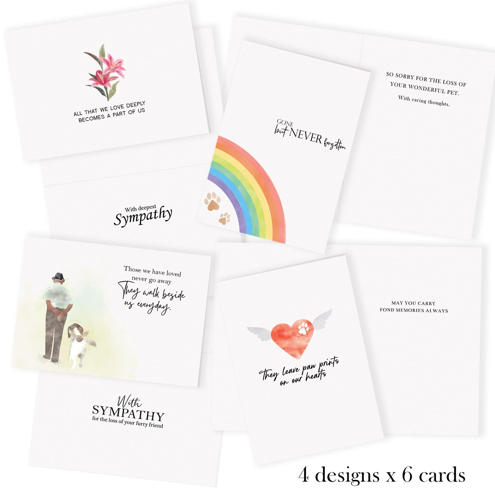 Pet Sympathy Card Set of 24 Dog Cat Loss Condolences Message with Envelope