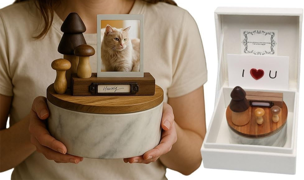 Ceramic & Wood Pet Urn for Ashes Small Dog Cat Memorial Keepsake Urn