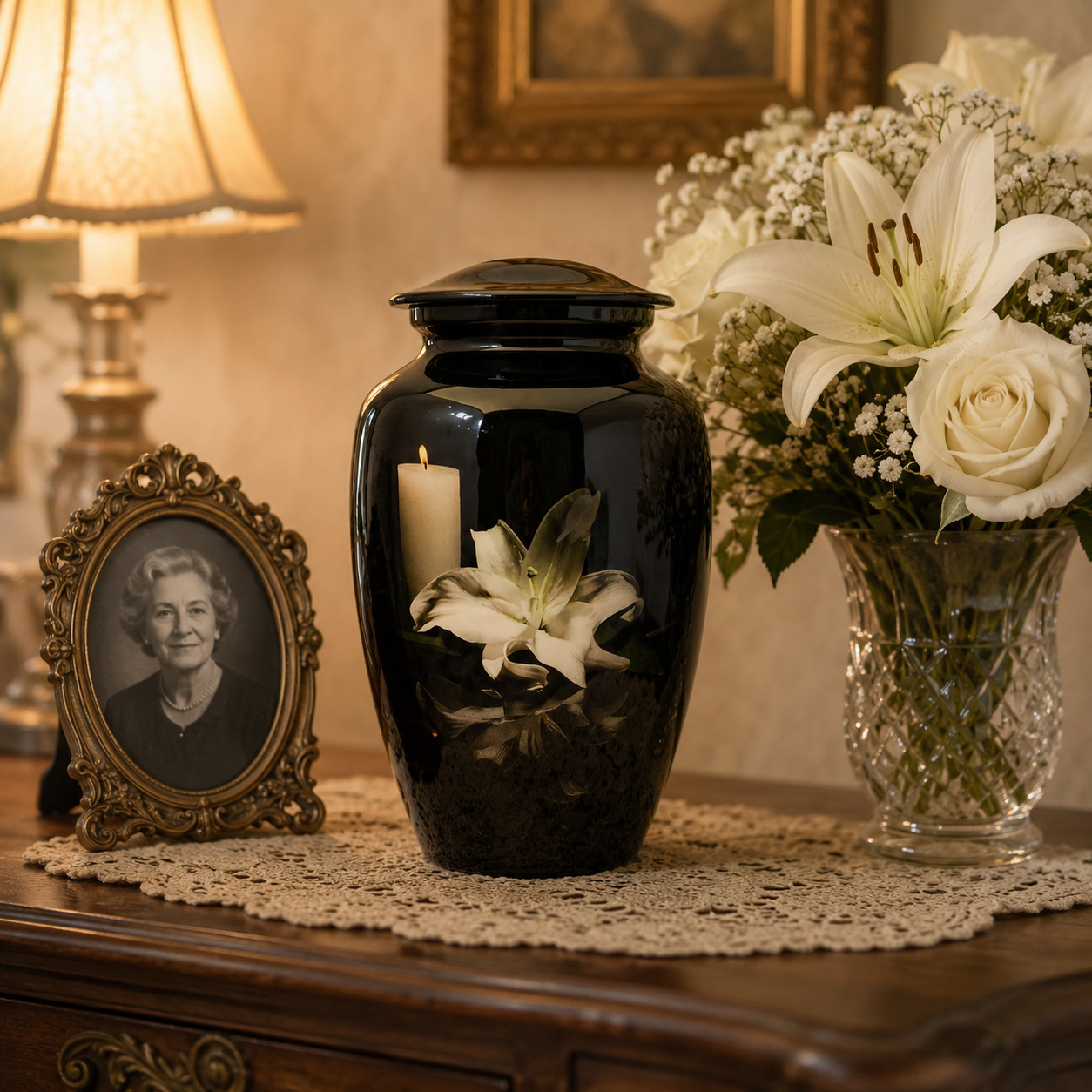 Black Lily Cremation Urn for Human Adult Ashes 190 Cu In Urns Male & Female