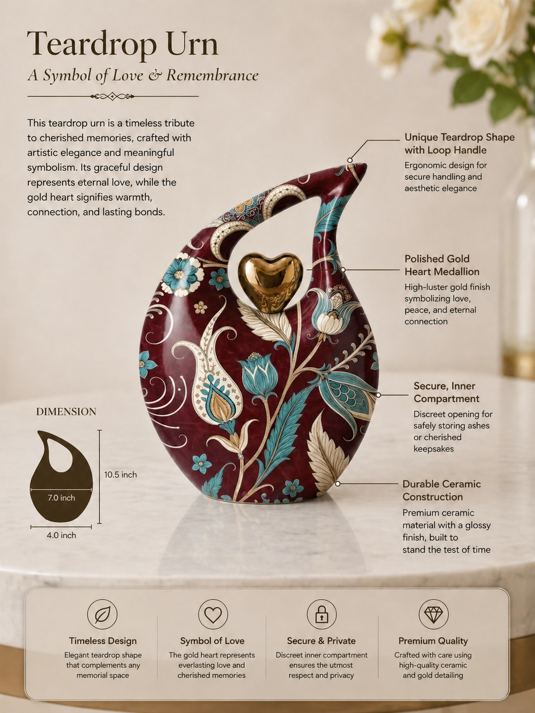 New Red Floral Metal Teardrop Cremation Urn for Human Ashes for Men & Women Urns
