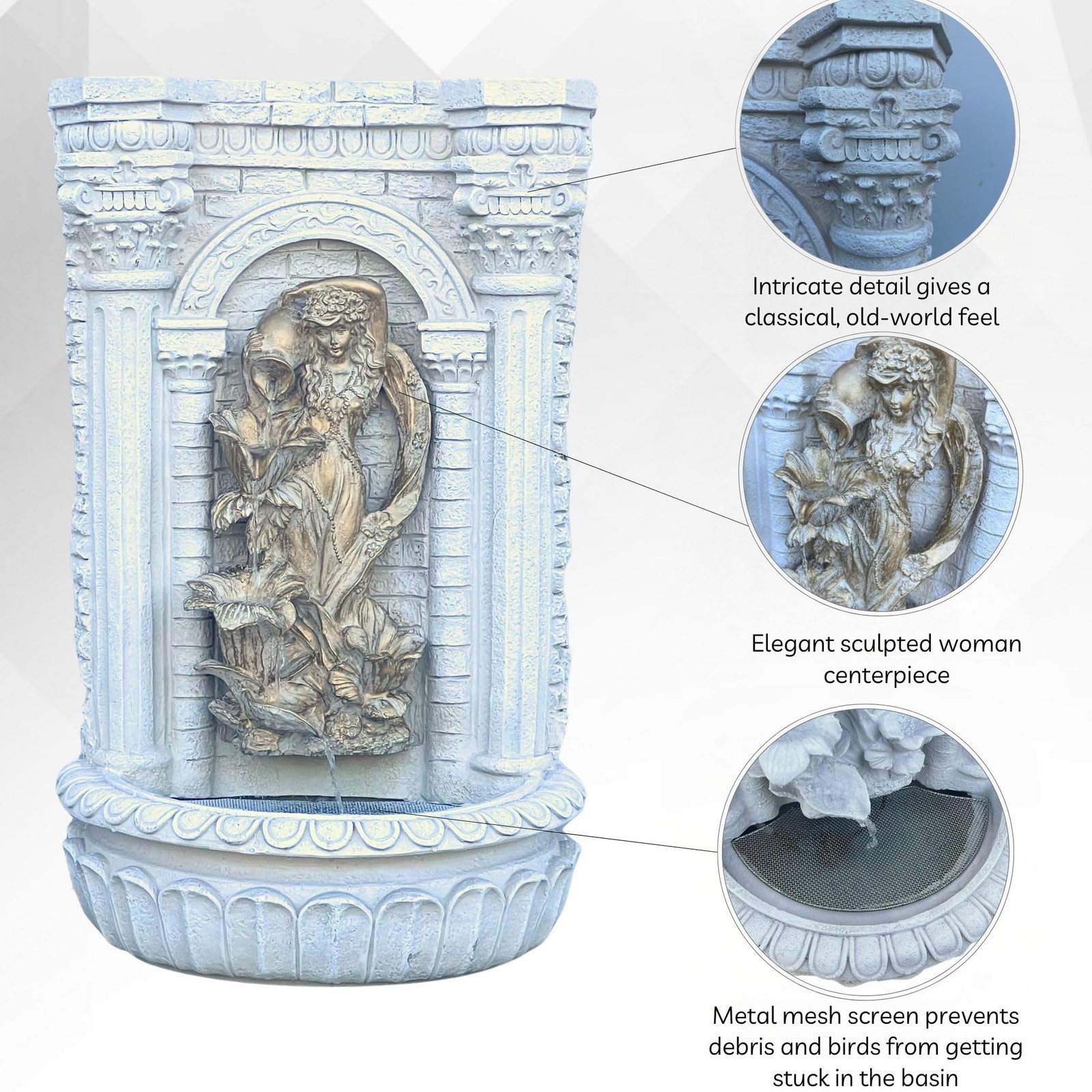 XBrand 30.3″ Solar Outdoor Wall Water Fountain with Gold Flower Maiden Statue…