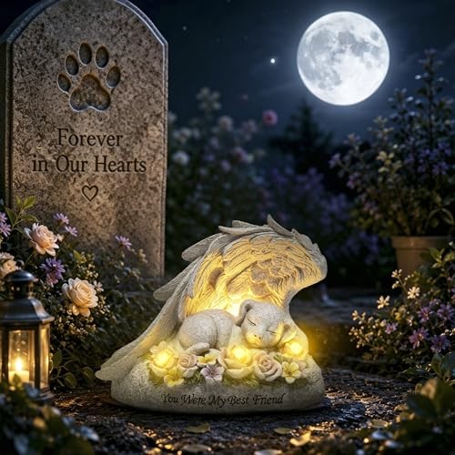 Solar Pet Memorial Garden Statue, Resin Dog Memorial Dog in Angel Wing