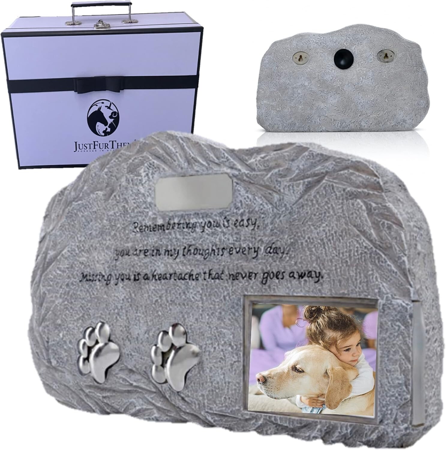 Pet Memorial Urn with Photo Frame Dog Cat Ashes Remembrance Stones Just Fur Them