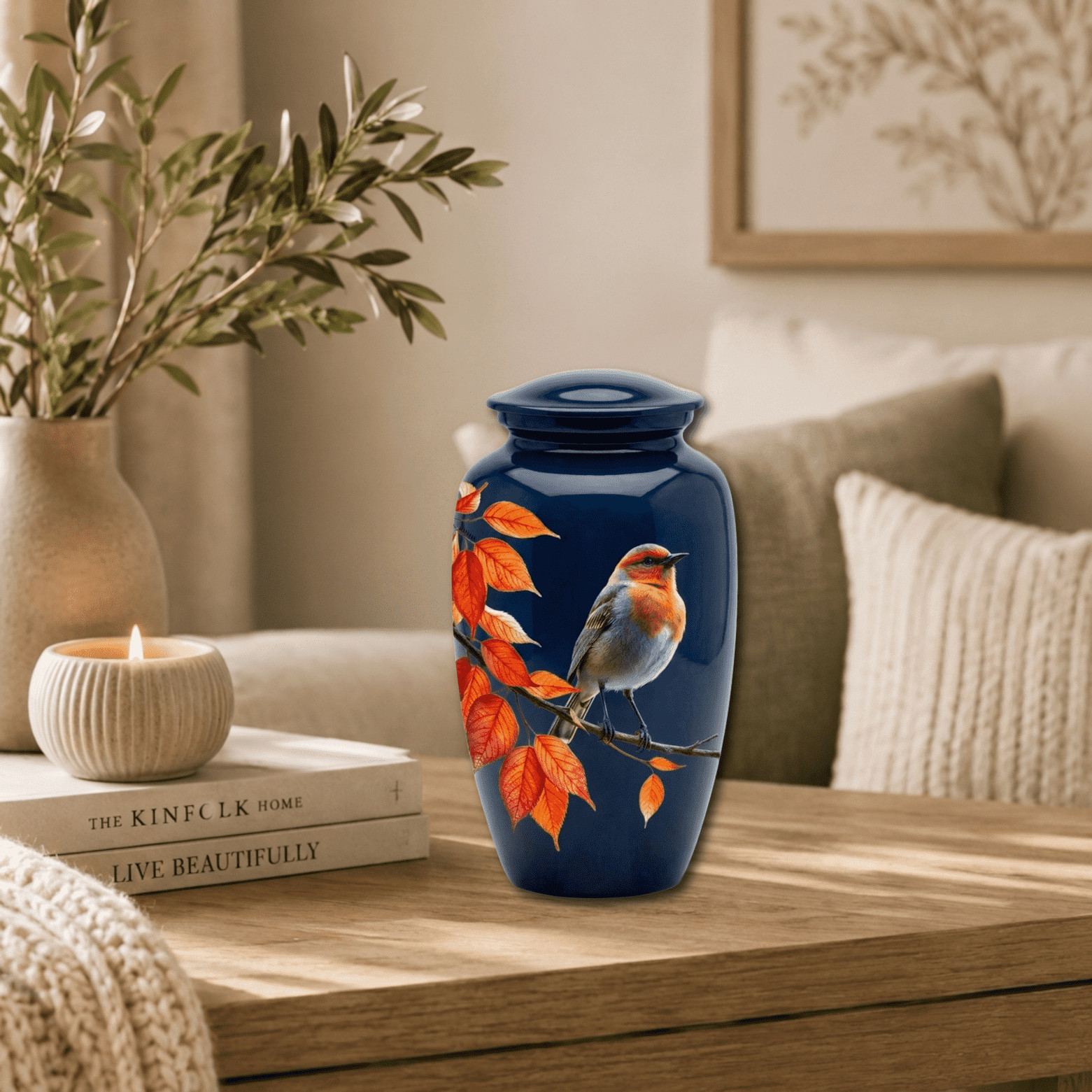 Cremation Urn for Human Ashes 190 Cu In Adult Blue Robin Bird Nature Memorial