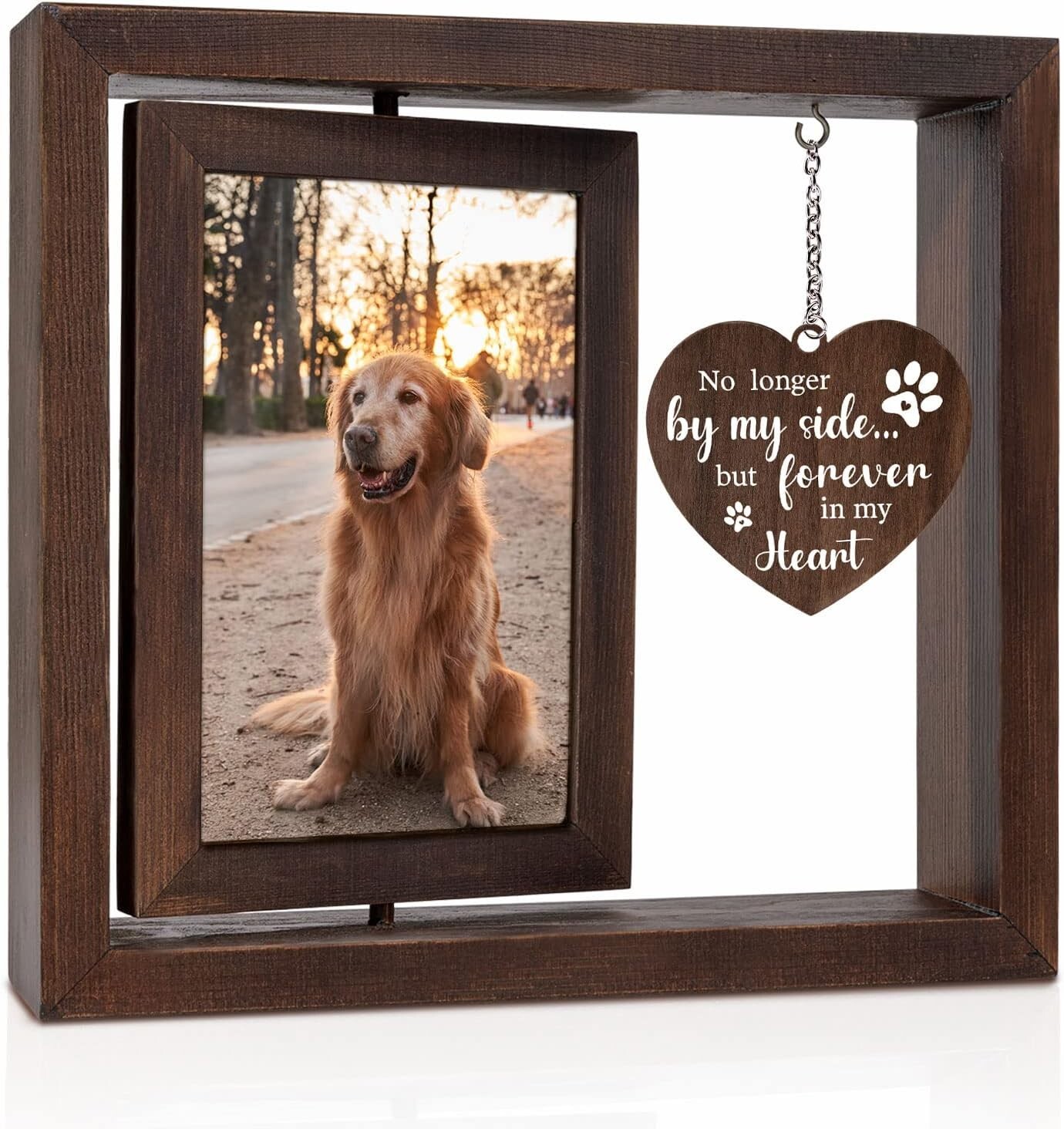 Pet Memorial Gifts for Dogs Cats – Rotating Wooden Picture Frame for 4×6 Photo