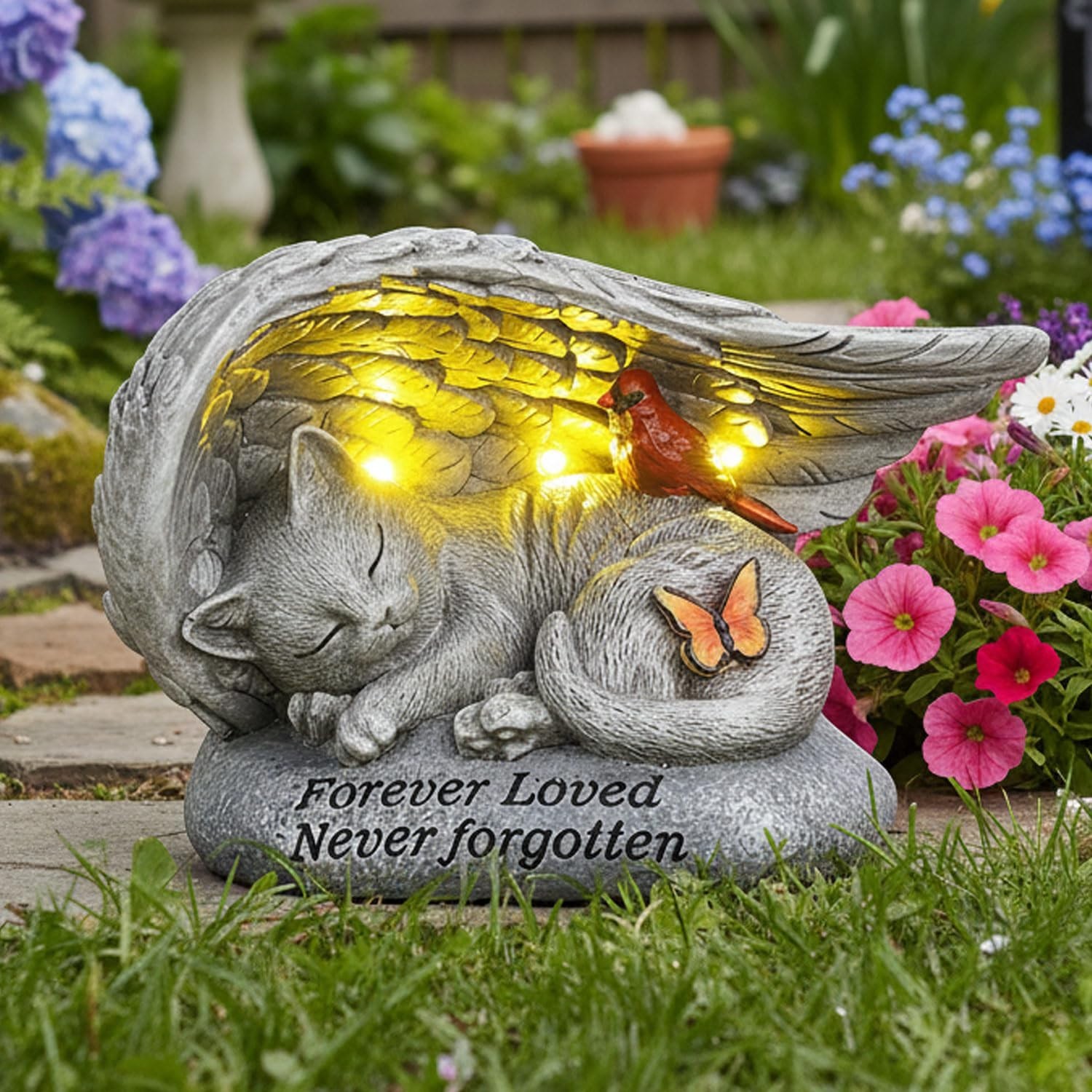 Cat Memorial Stone – Solar Angel Wing & Butterfly, 8″ Outdoor Grave Marker, Pet