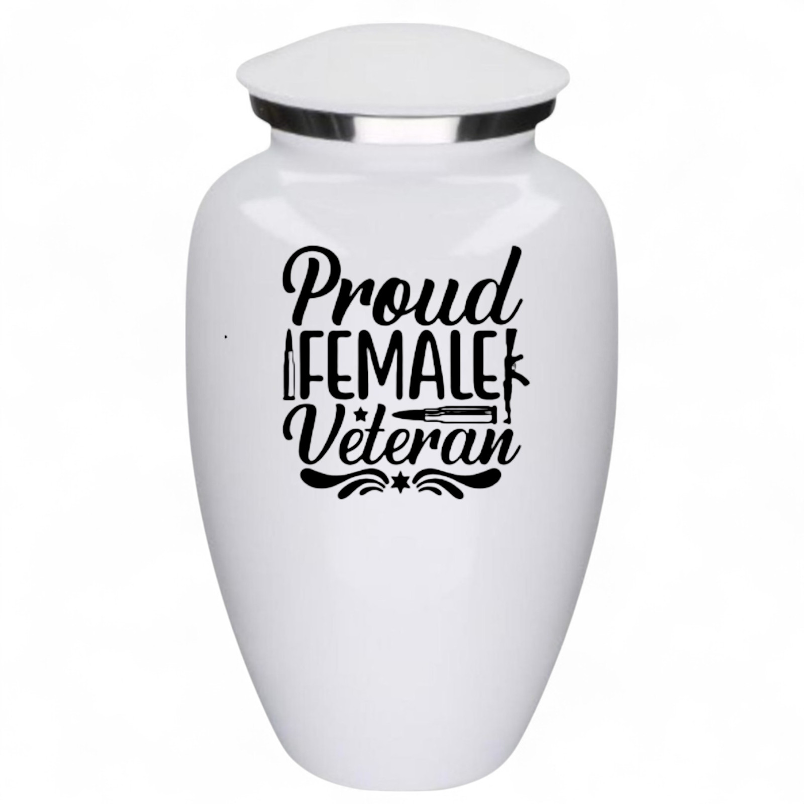 Proud Female Veteran White Metal Adult Cremation Urn 190 Cu In Urn w/ Bag