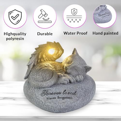 Cat Angel Memorial Garden Statue, Pet Memorial Stone with Solar Lights，Cat