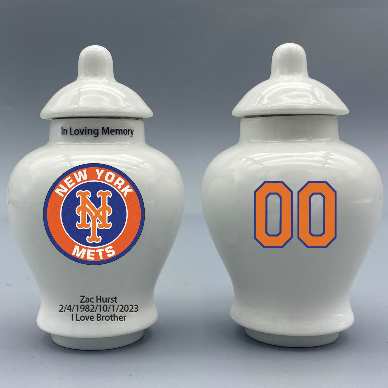 Ceramic Baseball Urn – New York Mets Theme, Custom Text & Number