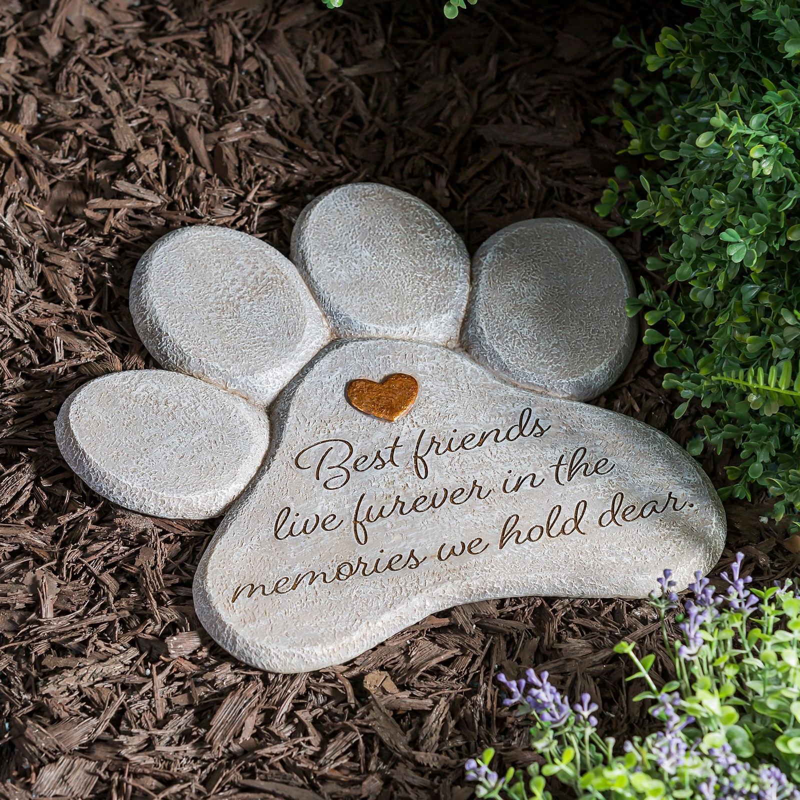 11″ Paw Shaped Pet Memorial Garden Stone, Best Friends Live Forever