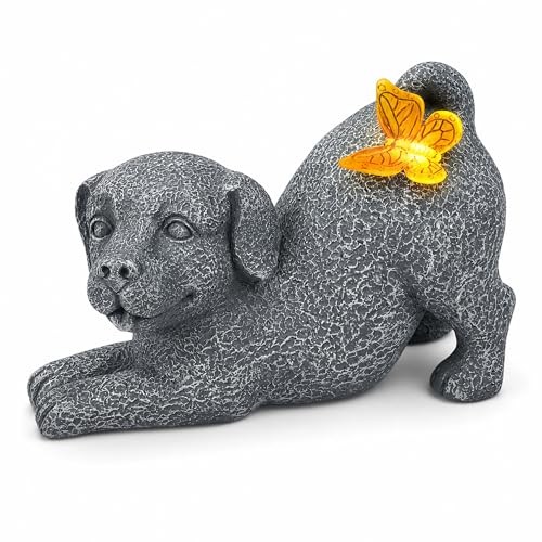 Solar Dog Statue with Butterfly Light, Outdoor Puppy Resin Garden Figurine for