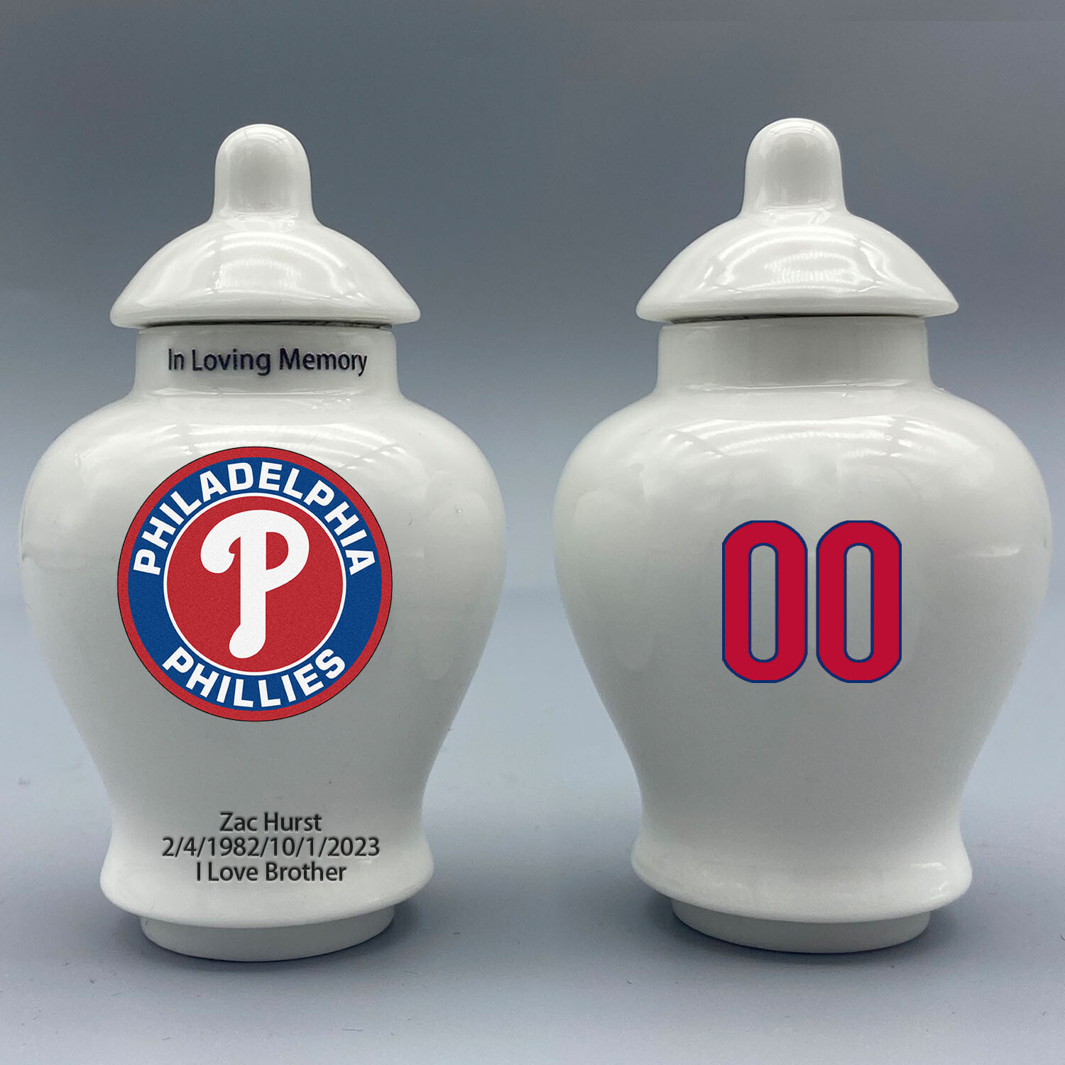 Ceramic Mini Urn in Philadelphia Phillies Baseball Style, Custom Text & Number
