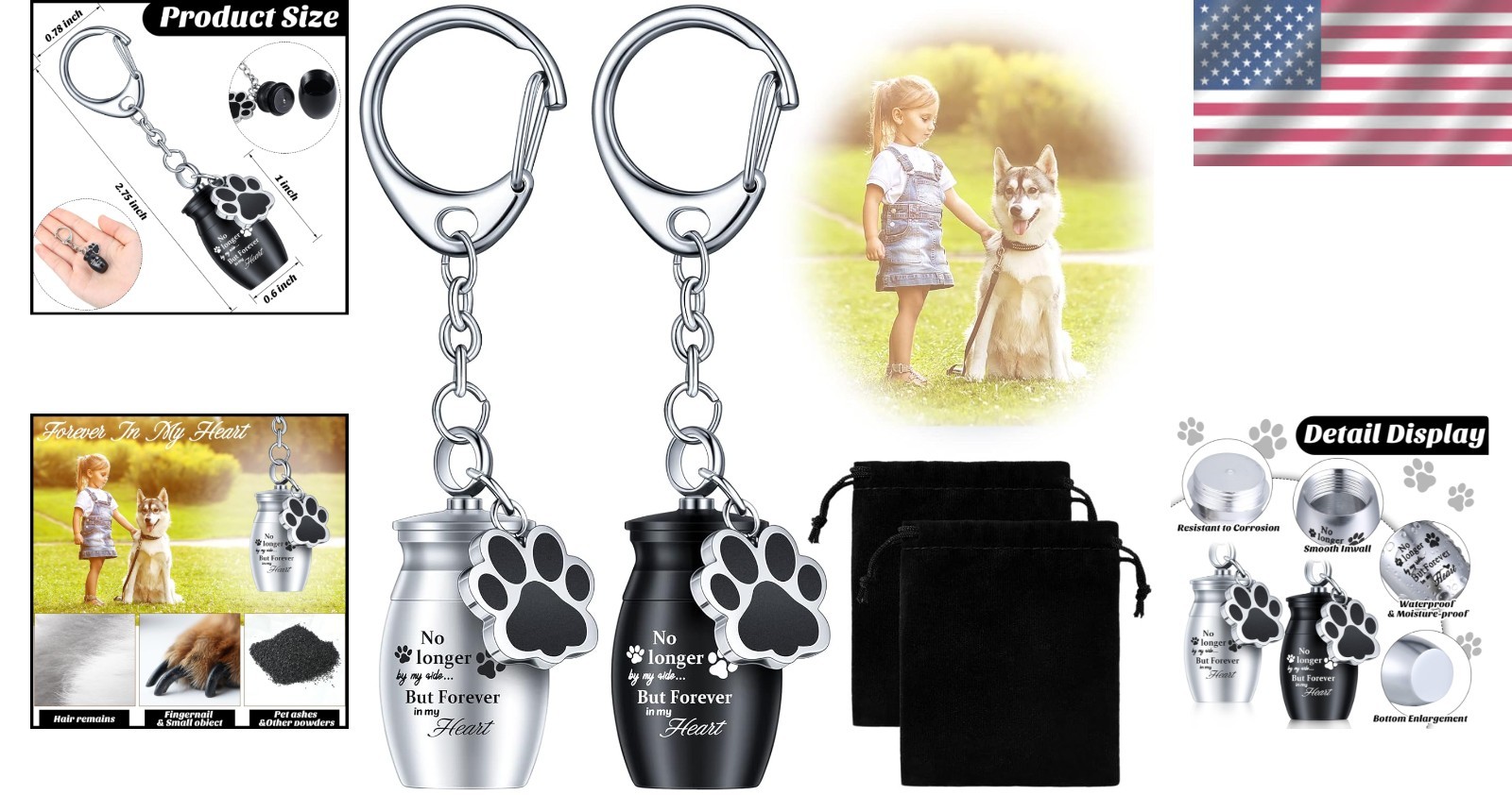Pet Ashes Keychain Set – 2 Durable Stainless Steel Dog Urns with Paw Print