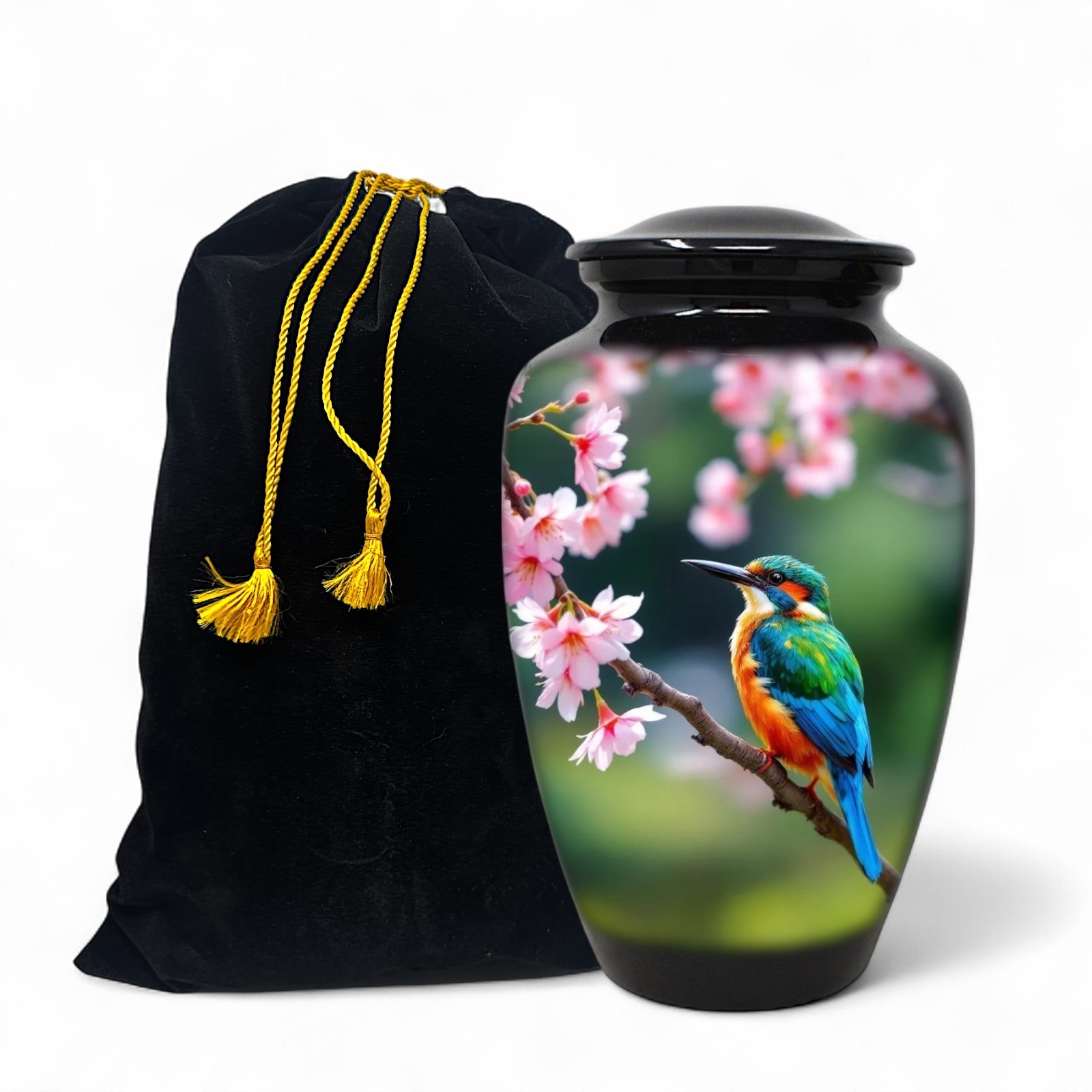 Large Adult Urn for Human Ashes Kingfisher Bird Cherry Blossom Urn with Bag