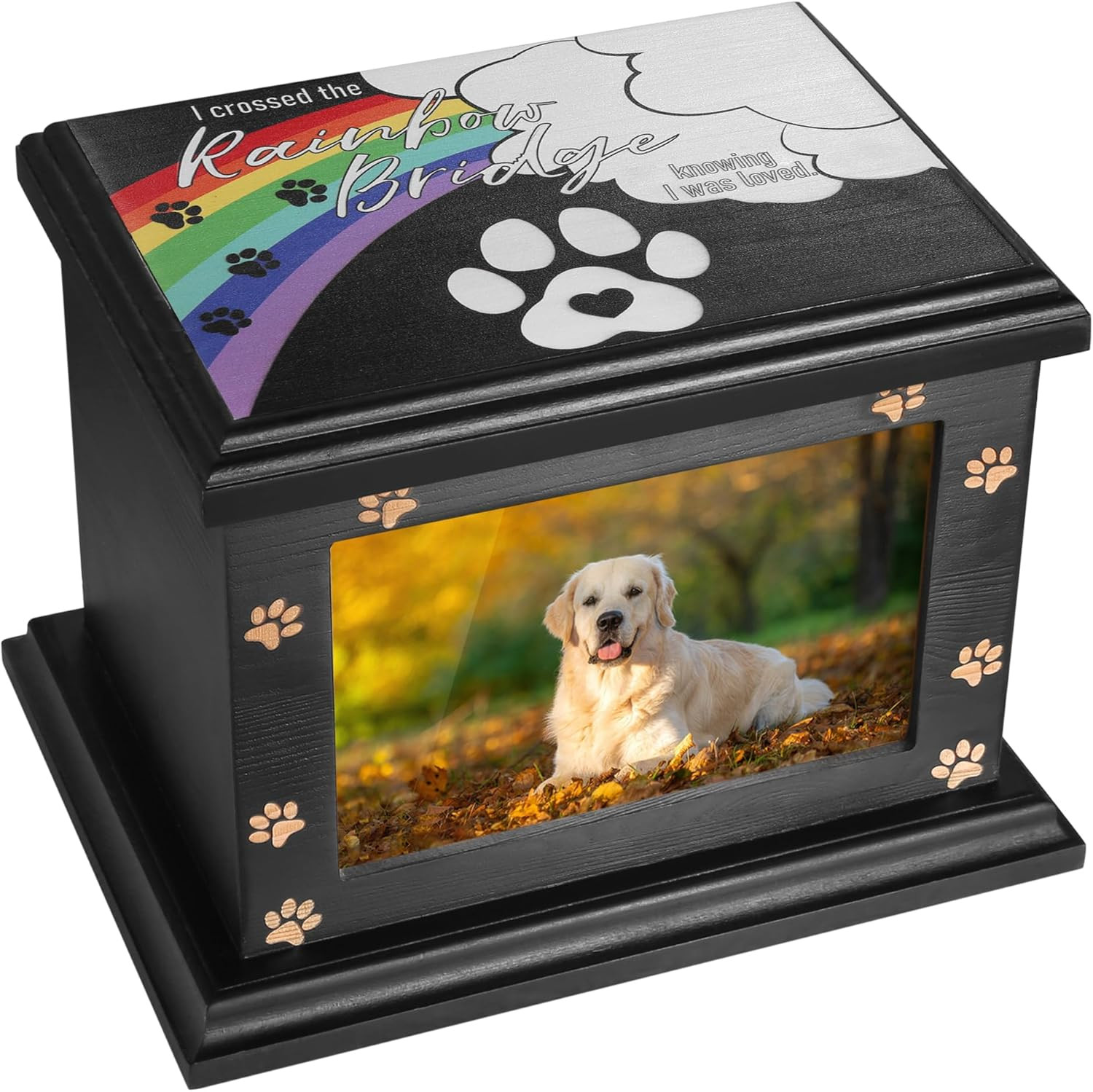 Large Wooden Pet Memorial Urn w/ Photo Frame Keepsake Box for Ashes or Burial