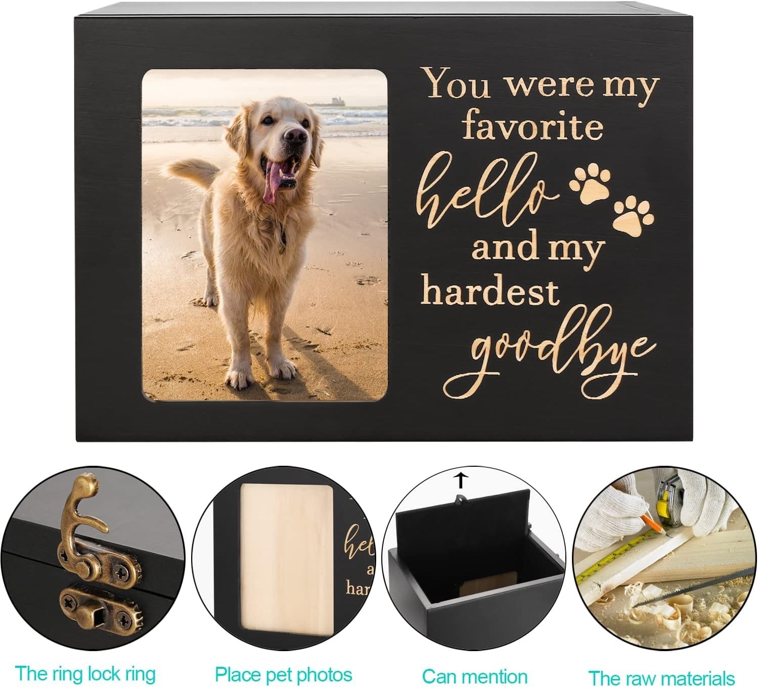 Personalized Pet Cremation Urn with Black Flannel & Photo Display, Large Size