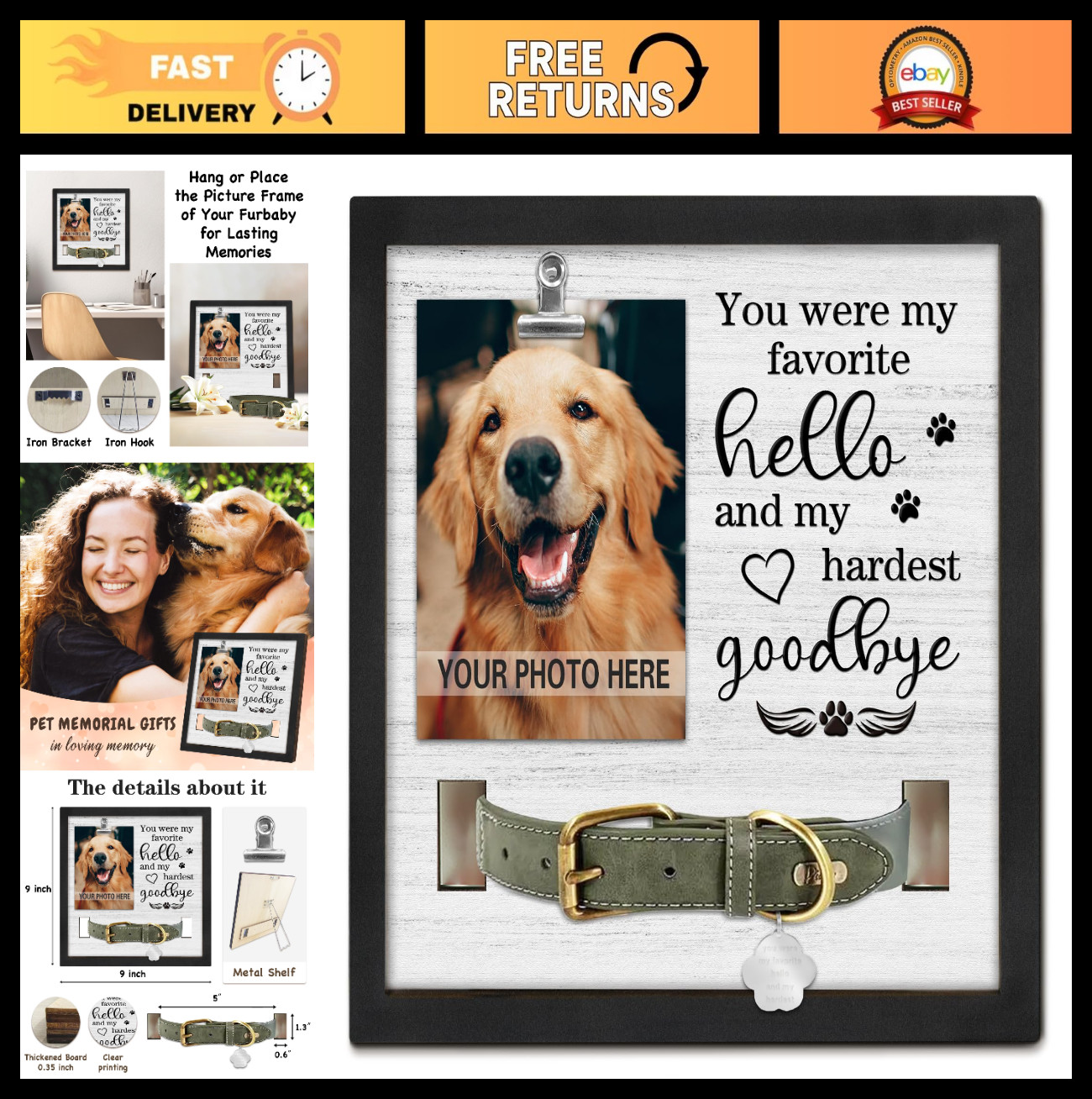 Dog Memorial Gifts for Pet Loss, Sympathy Frame with Collar Holder, Cat Remembra